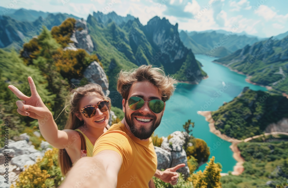 A young couple took a selfie while hiking in the mountains with a lake and greenery in the background