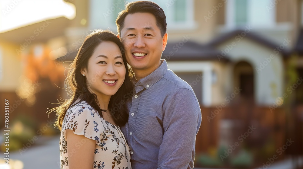 Fototapeta premium happy Asian couple in front of their new house, sunny, mortgage concept