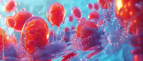 A close up of red spheres in a blue background photo