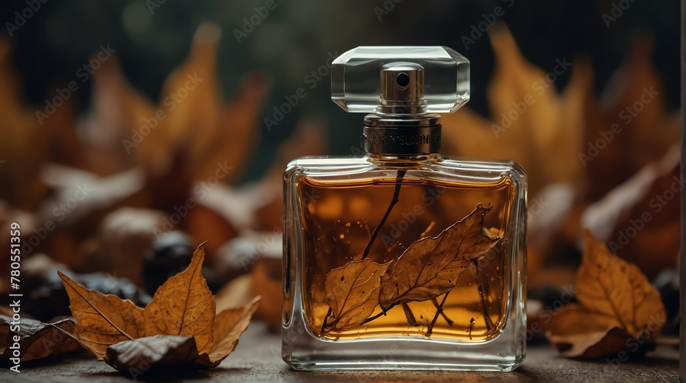 dried leaves background with beautiful glass for womens perfume bottle from Generative AI dried leaves background with beautiful glass for womens perfume bottle from Generative AI