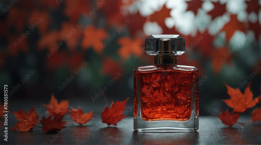 red leaves background with beautiful glass for womens perfume bottle from Generative AI red leaves background with beautiful glass for womens perfume bottle from Generative AI