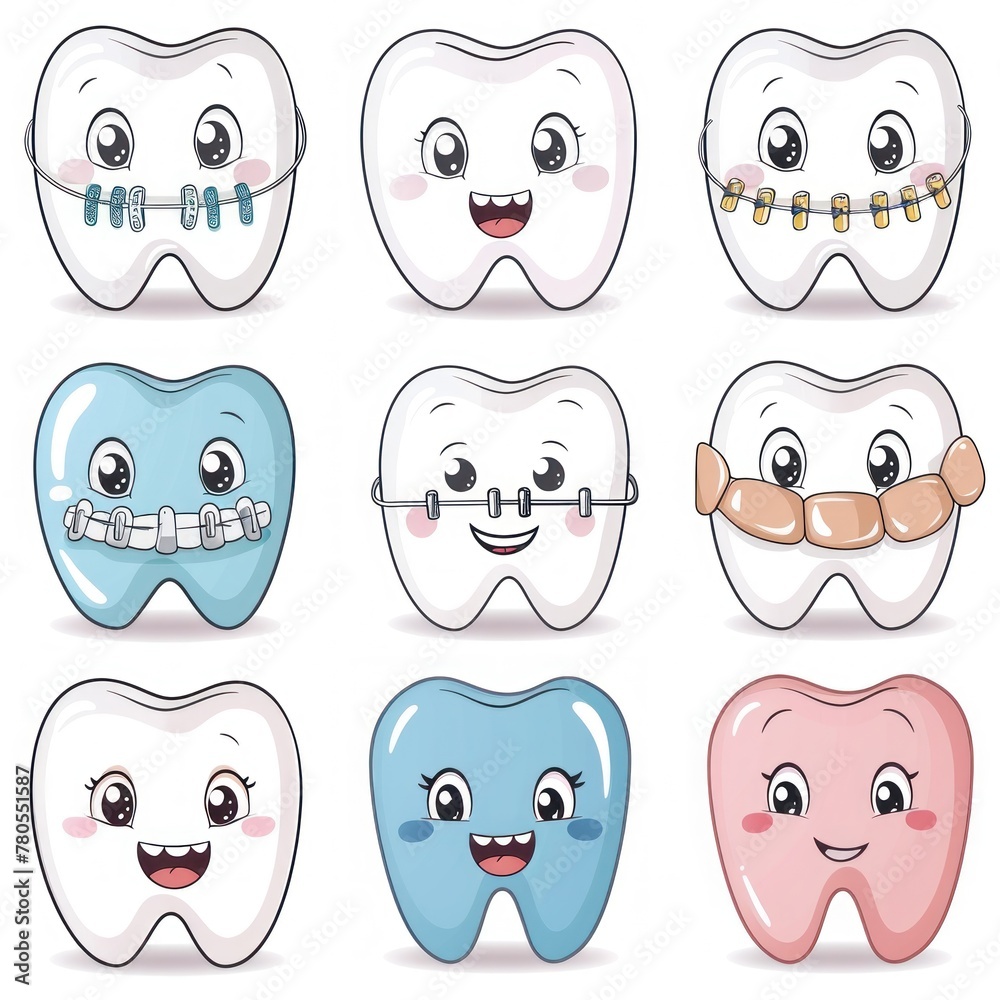 A set of cartoon teeth with braces and other dental appliances