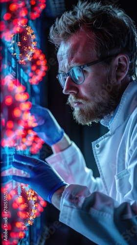 A man in a lab coat is looking at a computer screen with a virus on it