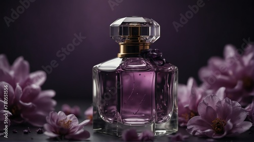 purple petals background with beautiful glass for womens perfume bottle from Generative AI