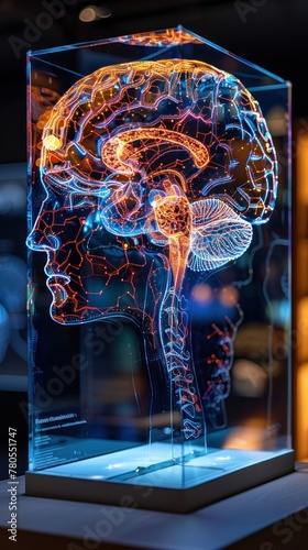 A brain model is displayed in a glass case