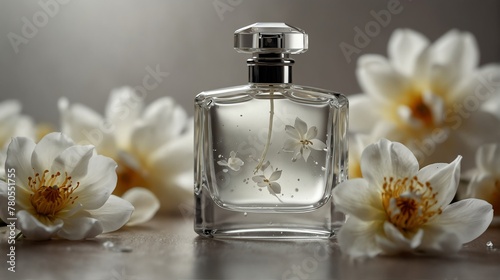 white petals background with beautiful glass for womens perfume bottle from Generative AI