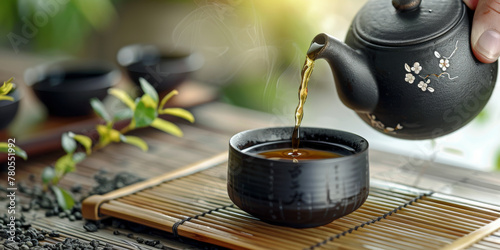 Traditional Asian Tea Ceremony with Pouring Tea and Aromatic Leaves
