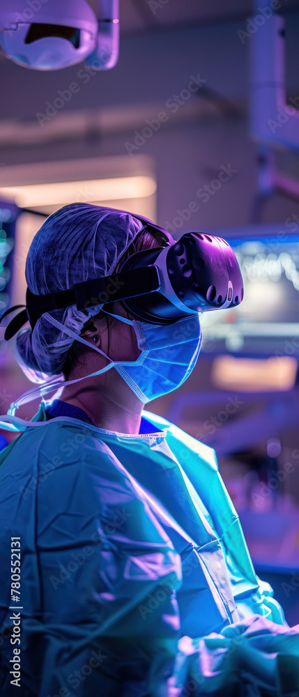 A woman in a blue surgical gown is wearing a virtual reality headset