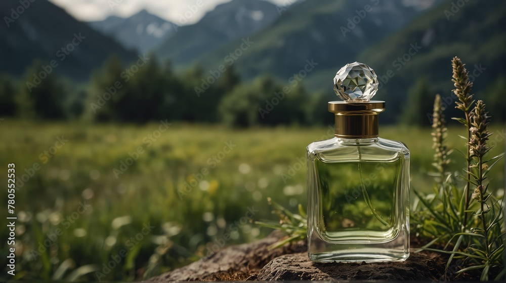 summer mountain field background with beautiful glass for womens perfume bottle from Generative AI summer mountain field background with beautiful glass for womens perfume bottle from Generative AI