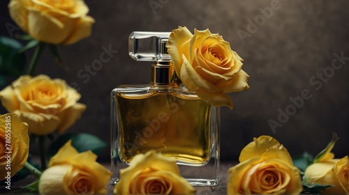 yellow roses background with beautiful glass for women cfe--a-bd-deabfield background with beautiful glass for womens perfume bottle from Generative AI photo