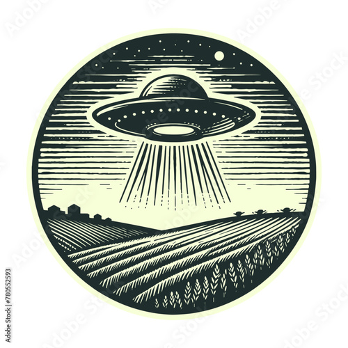UFO flying over the field landscape emblem illustration