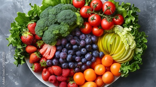 A set of fresh vegetables and fruits on a plate isolated on a gray stone background