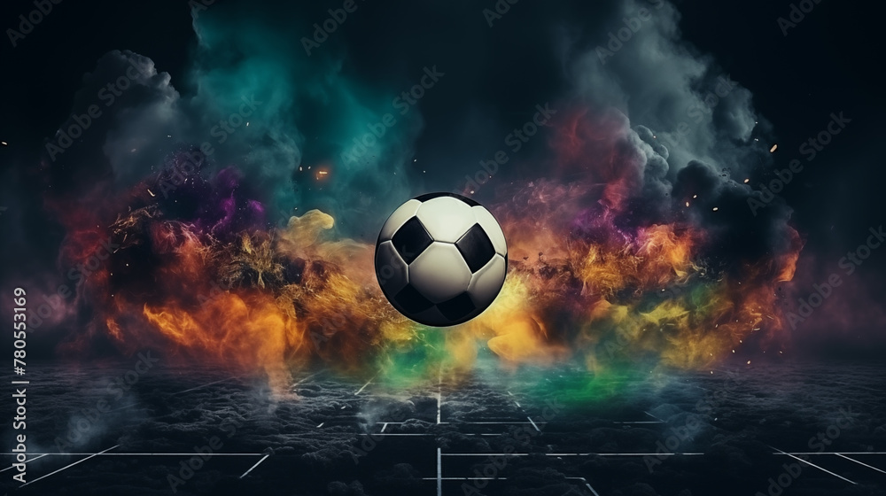 Fototapeta premium Soccer Ball Bursting with Colorful Smoke on Field