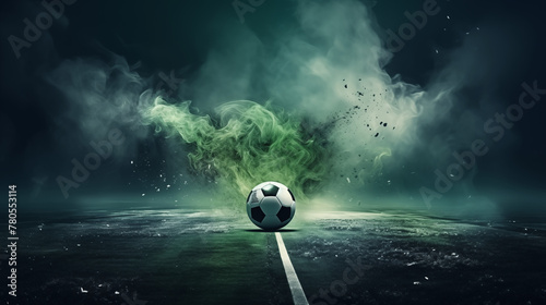 Dramatic Soccer Ball with Intense Green Smoke on Field Artwork