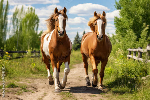 Majestic Horses Galloping in Rustic Countryside Setting