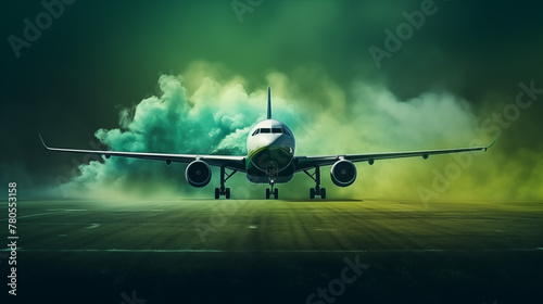Commercial Jet Aircraft Against Vibrant Green Smoke on Runway