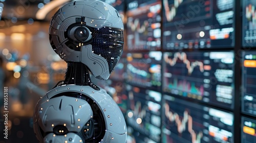 Robot standing in front of an trading chart, use of artificial intelligence for stock market analysis. Generative AI.