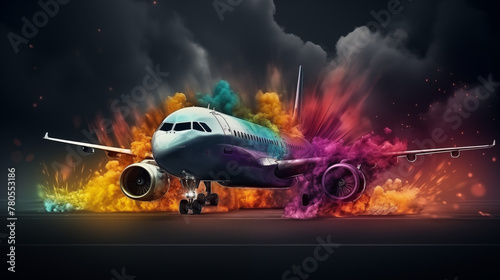Commercial Airplane with Colorful Smoke Trail Landing