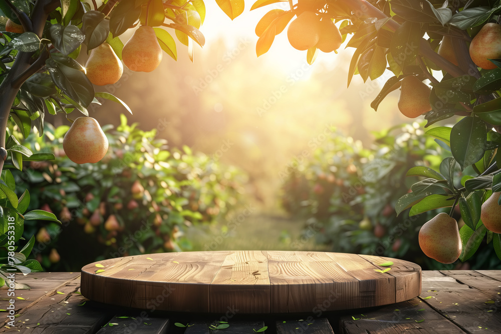 Wooden podium for advertising a product in a pear orchard with rows of trees with ripe fruits on a sunny day. Round wooden platform table with empty space - obrazy, fototapety, plakaty 