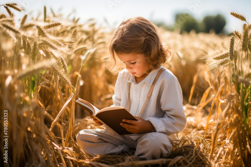 Child Reading in Sunlit Wheat Field - A Moment of Learning in Nature