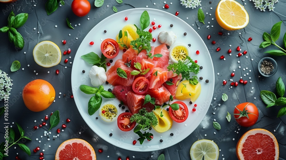 Grilled fish salmon steak with lemon, tomatoes and salad served on a stone dark blue background top view Grilled fish salmon steak with lemon, tomatoes and salad served on a stone dark blue background top view