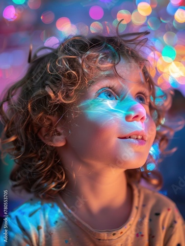 Capturing the vibrant energy of a dance party, close-ups reveal children's faces illuminated by disco lights, their joy reflecting the music as they revel in the moment.