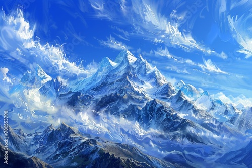 Mountain landscape with snow-capped peaks standing tall