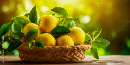 Fresh Lemons in Wicker Basket on Natural Background