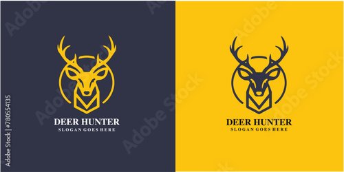 Deer Hunter icon logo design template. Monochrome deer head from front logo vector illustration photo