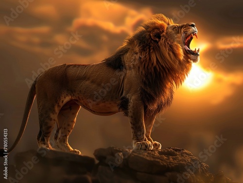 A lion with the rippling torso of a champion bodybuilder, poised on a rocky outcrop, roaring against the backdrop of a setting sun, symbolizing of natural power.