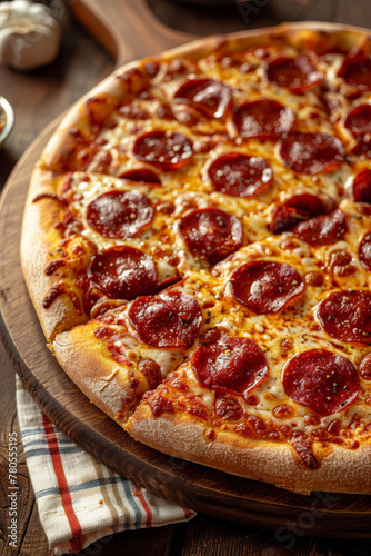 Delicious Pepperoni Pizza on Rustic Wooden Table