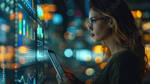 Female businessperson holding tablet computer in front of charts at night. Generative AI. photo
