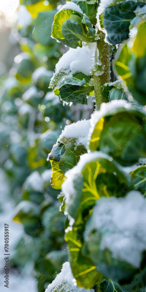 Fresh Snow on Green Leaves - Vertical Winter Garden Image