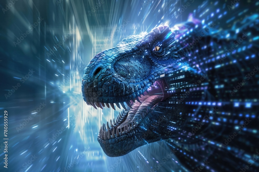 The massive head of a T-Rex emerging from a hole in a sleek, digital ...