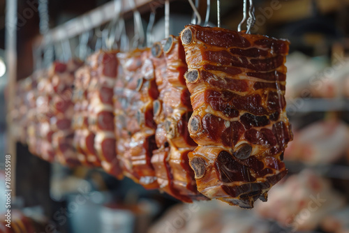 Freshly Smoked Bacon Slabs Hanging in a Traditional Smokehouse photo