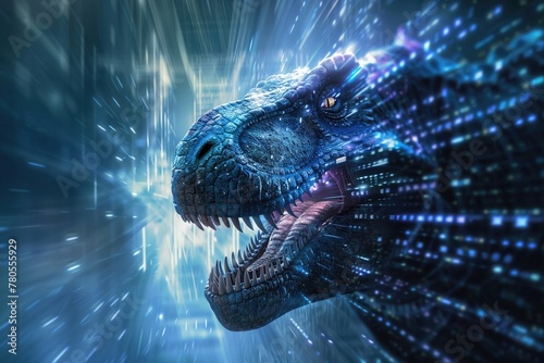 The massive head of a T-Rex emerging from a hole in a sleek, digital wall, with codes and data streams flowing around it, symbolizing the breach into the future photo