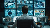 Male system control center operator Working with Multiple Screens Showing Technical Data at workplace. Generative AI.