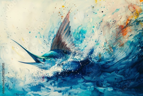 Watercolor painting of a swordfish or broadbill swordfish. It is a type of bony marine fish in
 the family Xiphiidae. Use for wallpaper, posters, postcards, brochures. photo