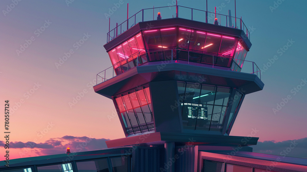 Airport control tower at dusk, Futuristic , Cyberpunk - obrazy, fototapety, plakaty 