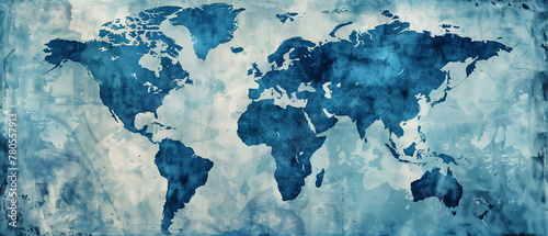 Artistic World Map in Watercolor Style: Abstract Blue Tones Illustrating Geographical Continents
