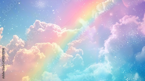 A rainbow fills the sky with colors among clouds and stars. AI.