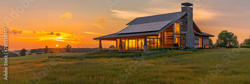 Sunset Splendor over Modern Eco-Friendly Home in Rural Landscape
