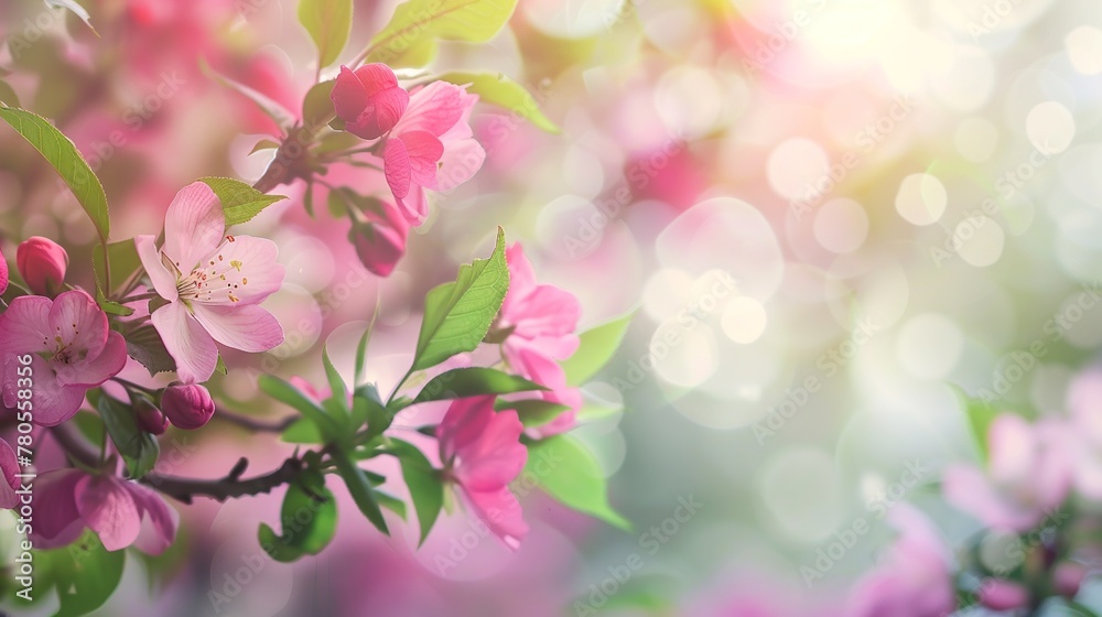 Pink cherry tree blossom flowers blooming in spring, easter time against a natural sunny blurred garden banner background of blue, yellow and white bokeh.