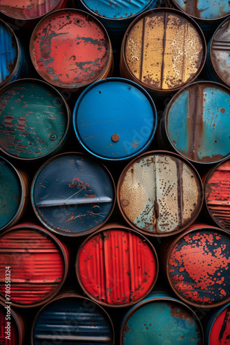 Colorful Industrial Oil Barrels Stacked Together