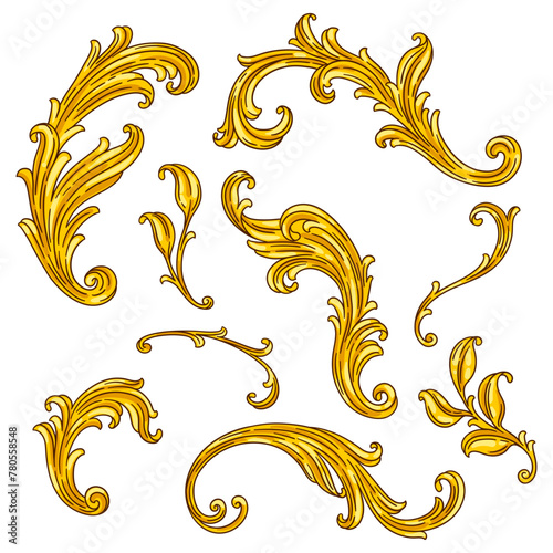 Set of floral elements in baroque style. Decorative curling plant.