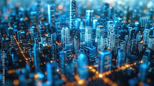 Operational visual city modeling, 3d city, abstract patterns, infinity, micro glass, mystery, cyan blue, urbanization, gradient Light. Generative AI.