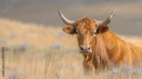 Cow with prominent horns resting in tranquil grassland with wildlife presence