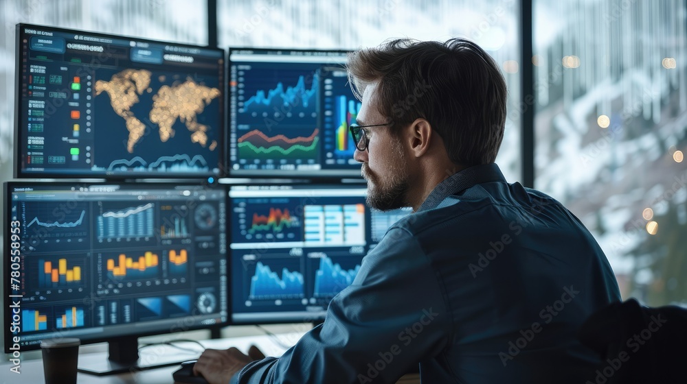 Male data analyst looking at a bunch of data Visualisation and various type of graphs on computer screens. Generative AI. Male data analyst looking at a bunch of data Visualisation and various type of graphs on computer screens. Generative AI.