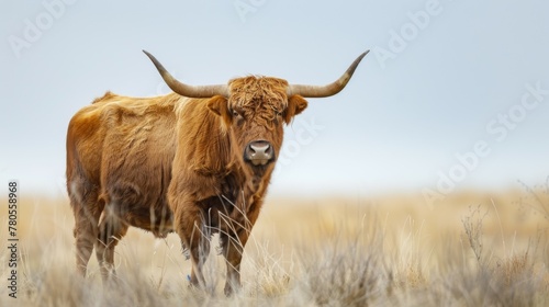 Highland cattle bull with robust horns and furry brown coat standing in a serene field