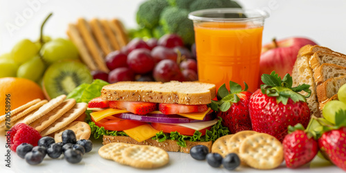 Colorful Fresh Fruit  Vegetable Sandwich and Juice Breakfast Spread
